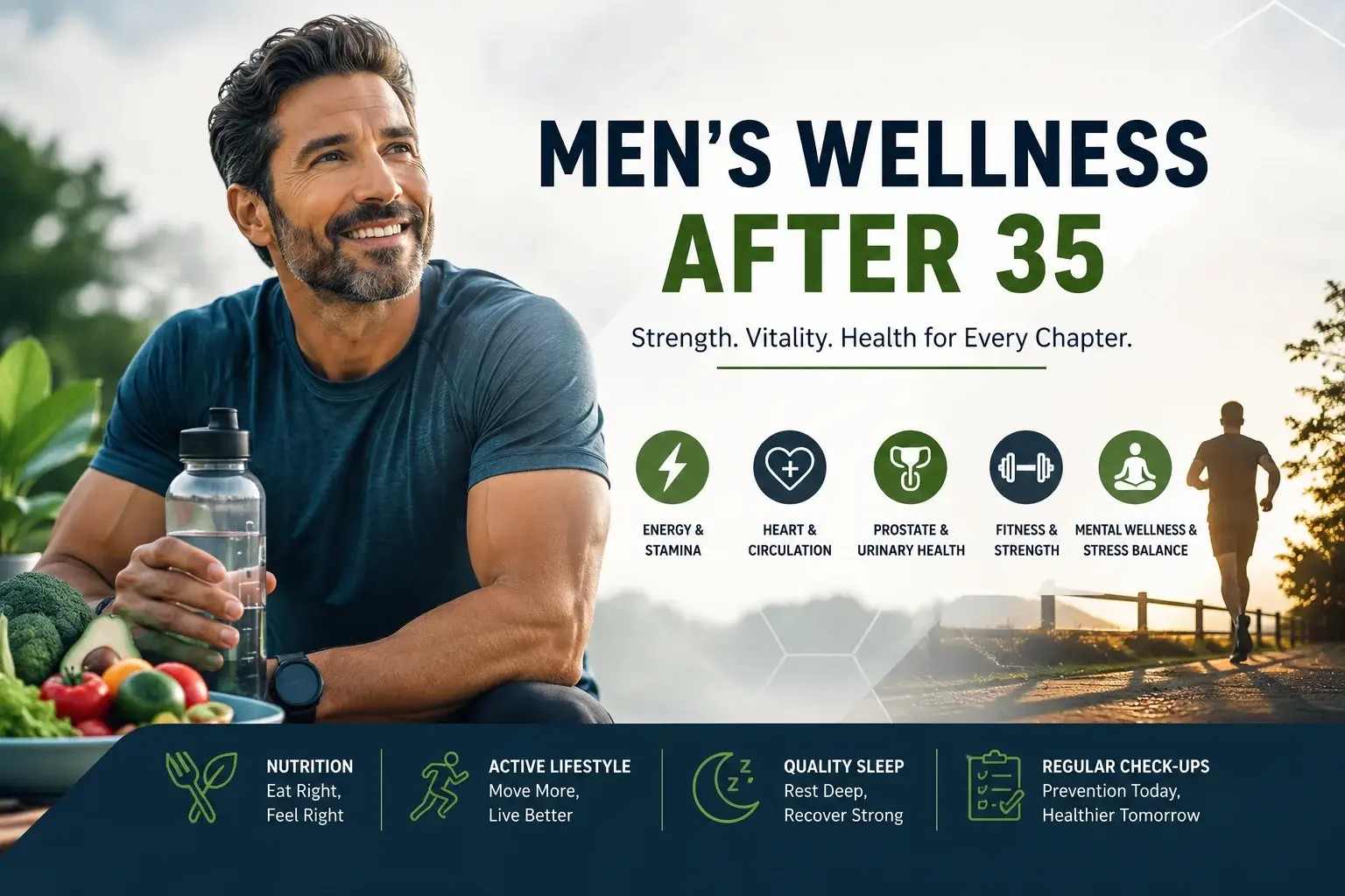 Men’s health after 35 with fitness and healthy lifestyle